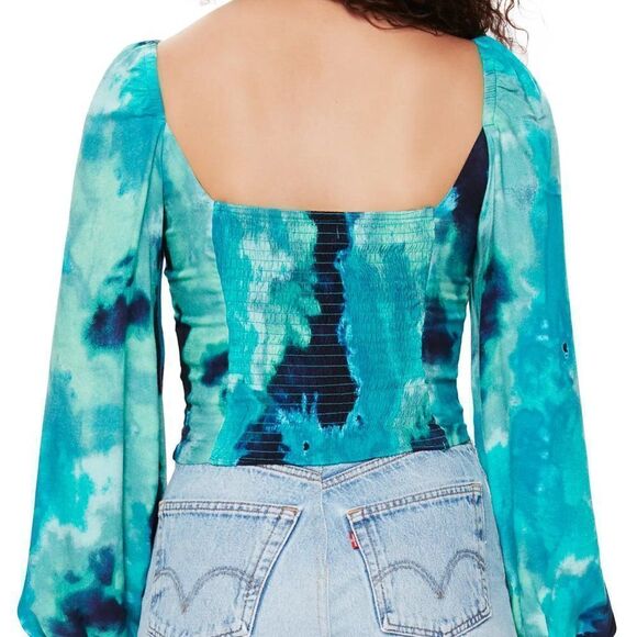 AFRM Bardot Tie Dye Smocked Square Neck Top size Medium in Teal - Picture 2 of 13